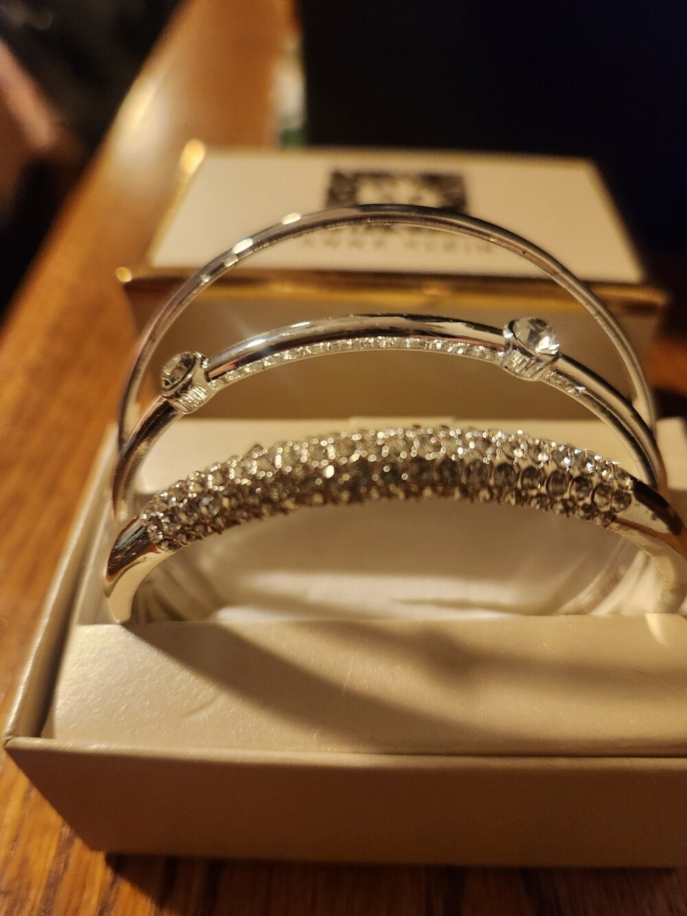 Anne Klein Silver Crystal Trio Bangle Set with Pavé Accent - Picture 2 of 6